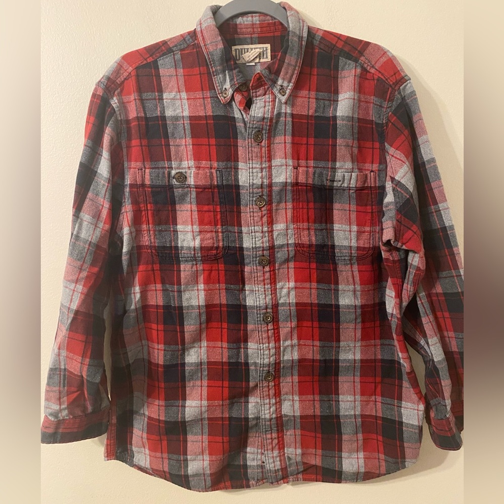 Mens Duluth Trading Co. Red Gray Black Plaid Flannel Style Button Down Sz Medium